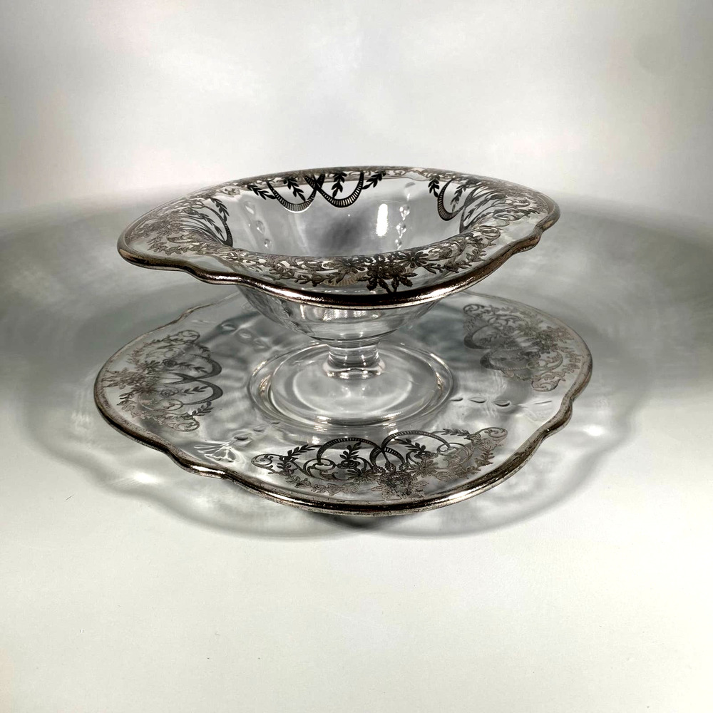 Vintage Glass Dish Matching Plate Stamped Sterling Silver Filigree Overlay